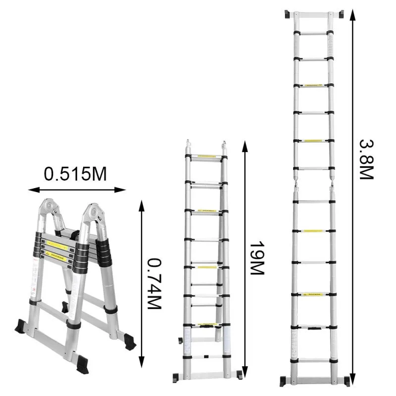 Escalera telescópica 1,9 m + 1,9 m plata escalera telescópica de aluminio, escalera plegable, carga máxima 150 kg
