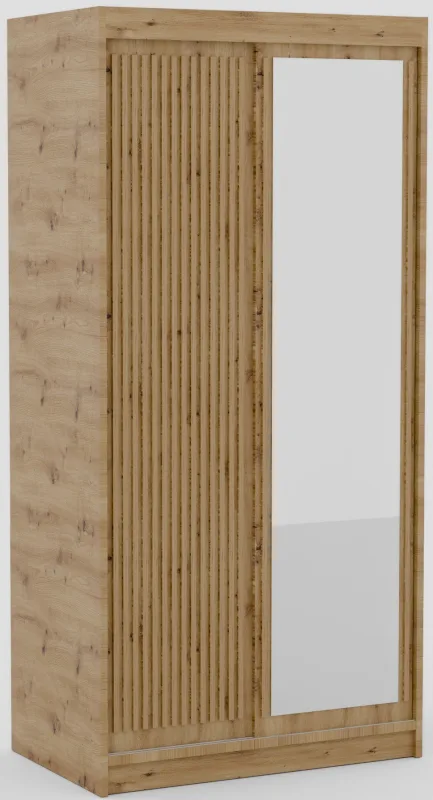 Armario corredero bizen con lamas efecto madera y espejo – moderno y cálido-ribete verde crudo-anchura 100 cm