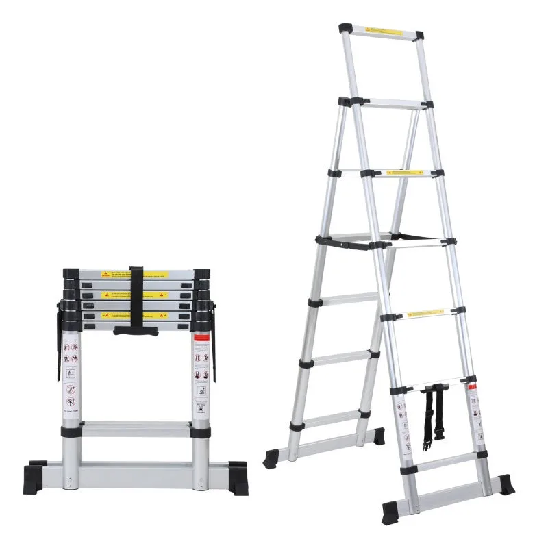 Escalera telescópica de aluminio 1,7 m + 2,0 m escalera deslizante stabil con barra de pesaje escalera doble hasta 150 kg plata
