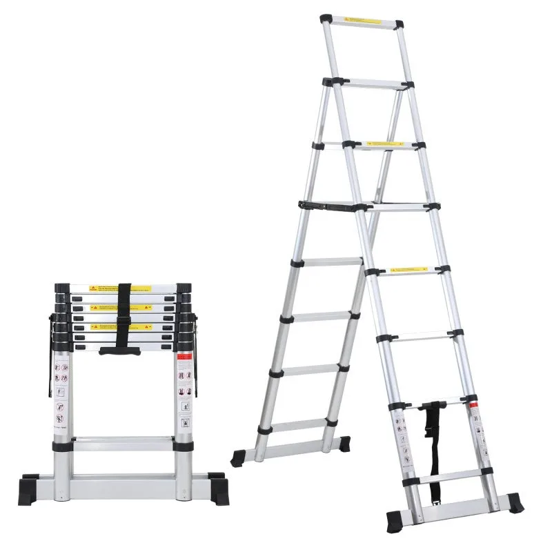 Escalera telescópica de aluminio escalera multiusos 2,0 m + 2,3 m estable con barra de pesaje de aluminio 150 kg plata