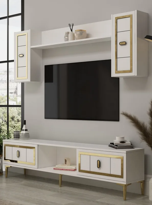 Mueble de tv – 150 cm x 44,6 cm x 29,6 cm – blanco y dorado – mdf