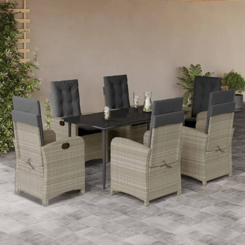 Set comedor jardín 7 pzas y cojines ratán sintético gris claro