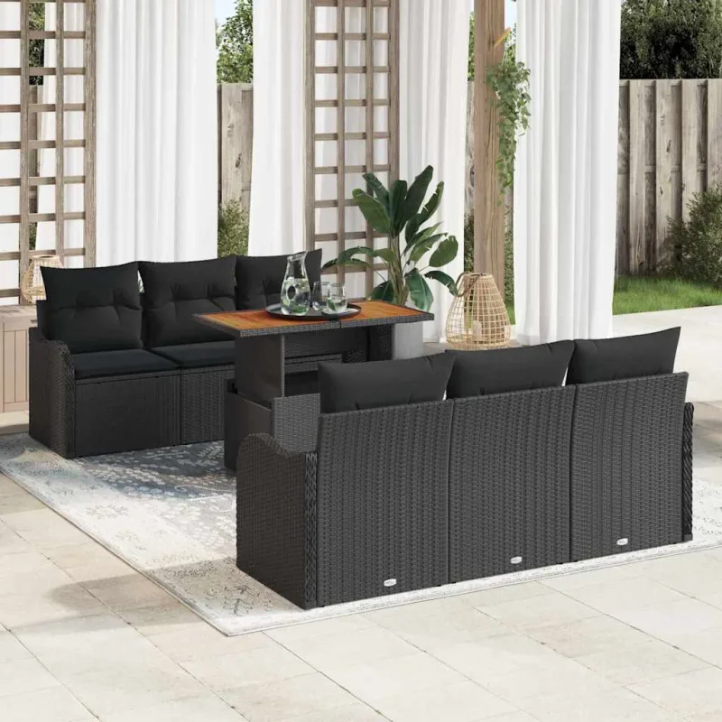 Conjunto de sofá de jardín 7 pcs negro poliratán