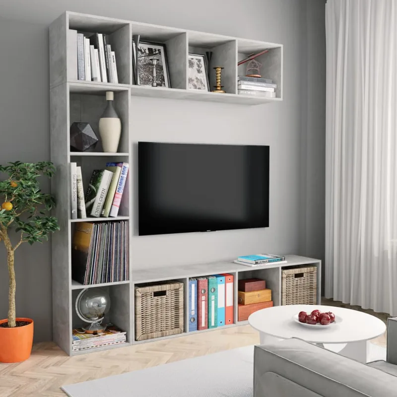 Mueble de tv y librería 3 piezas gris hormigón 180x30x180 cm