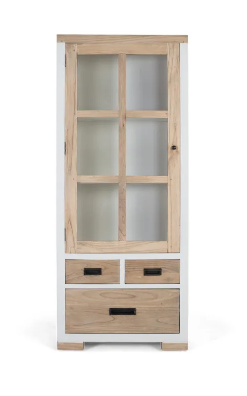 Vitrina en madera maciza de mindi con 3 cajones y puerta de cristal
