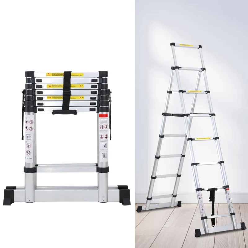 Escalera telescópica plateada de 2,3 m, plegable, multifuncional, para interiores y exteriores, 150 kg