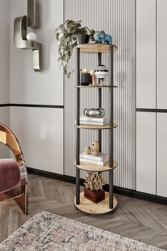 Librería redonda de roble de 5 niveles - diseño moderno de primera calidad