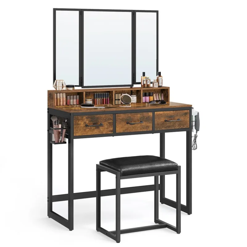 Tocador de 90 x 40 x 141 cm con taburete acolchado espejo triple 3 cajones porta secador y cesto estilo i 12_0005417