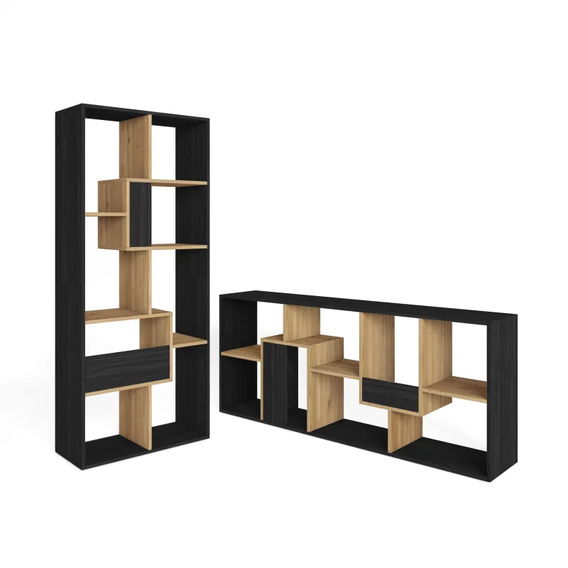 Librería estantería, 162x67x31cm, con almacenaje, negro y roble