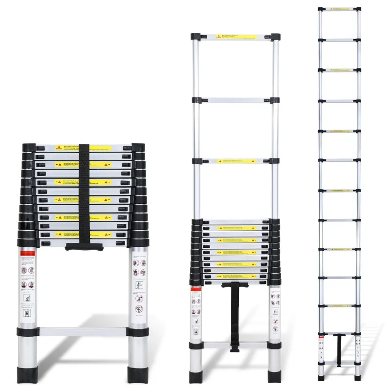 Escalera telescópica de aluminio premium de 3,8 m, extensible y plegable, antideslizante, multifuncional.