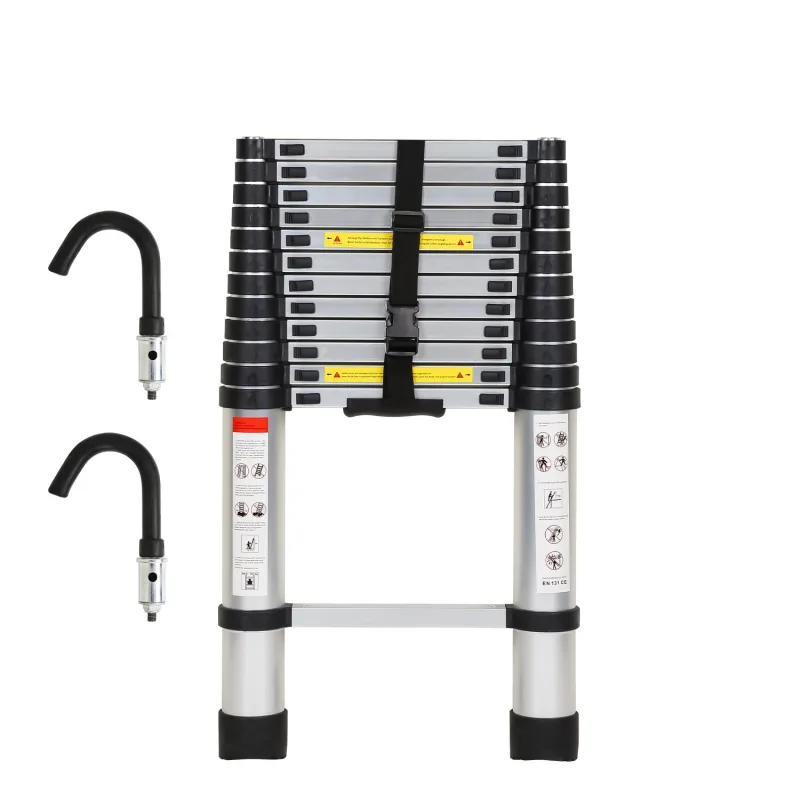 Escalera telescópica plateada de 3,8 m con ganchos extraíbles, multifuncional, 150 kg