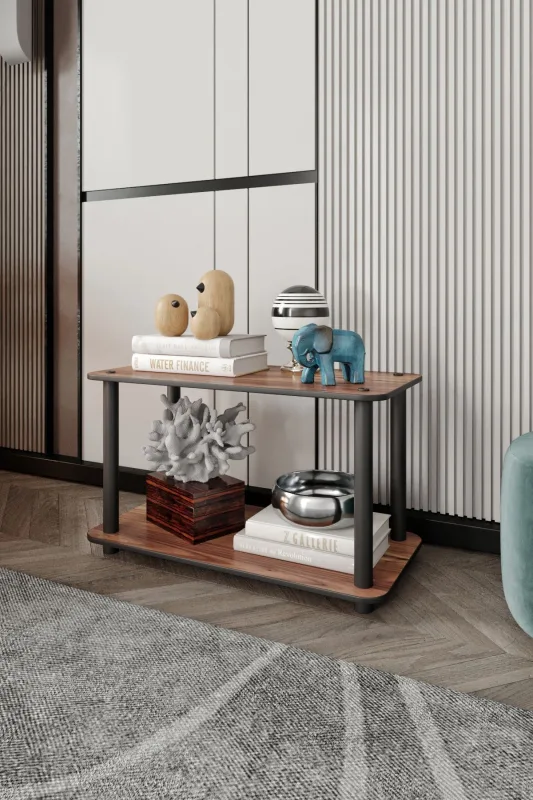 Estante rectangular de nogal de dos niveles - elegancia compacta de primera calidad