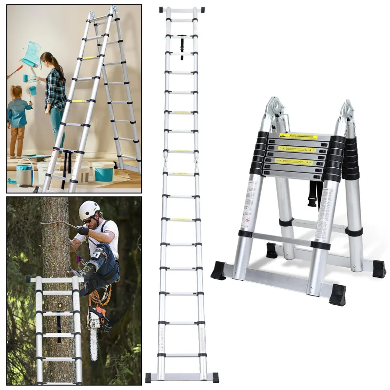 Escalera telescópica plateada de 5 m, plegable, multifuncional, para interior/exterior, 150 kg