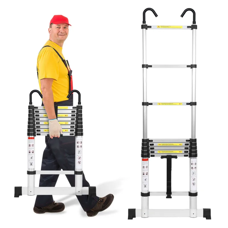 Escalera telescópica plateada de 2,6 m con estabilizador y ganchos, 150 kg