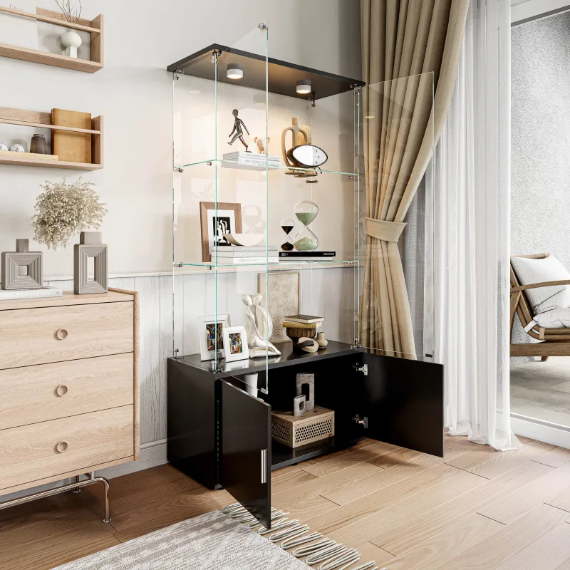 Armario y vitrina multifuncional: estantes de cristal, almacenamiento oculto, luces led, materiales ecológicos y múltiples escenarios.