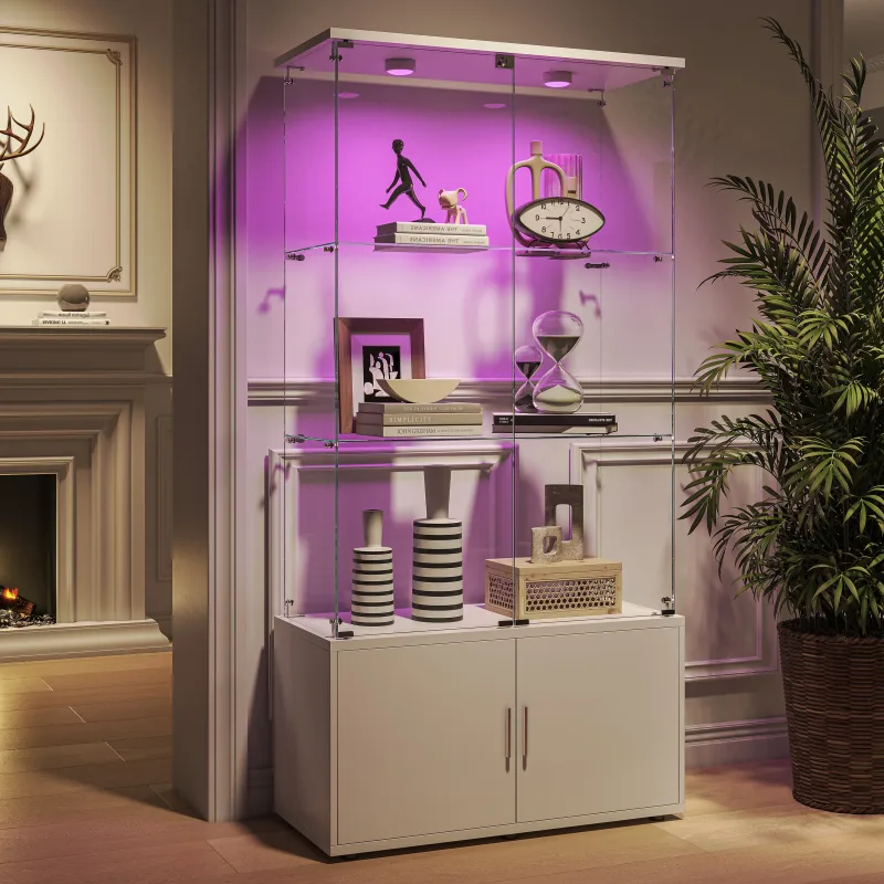 Vitrina y armario multifuncional: estantes de cristal, almacenamiento oculto, luces led, materiales ecológicos y múltiples escenas.
