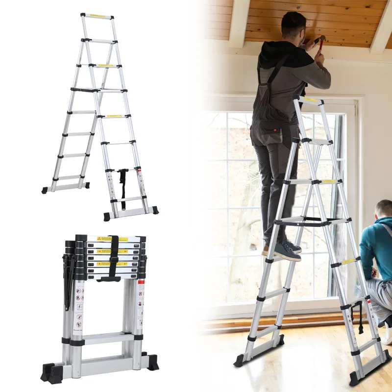 Escalera telescópica premium plateada de 2,3 m, antideslizante y multifuncional
