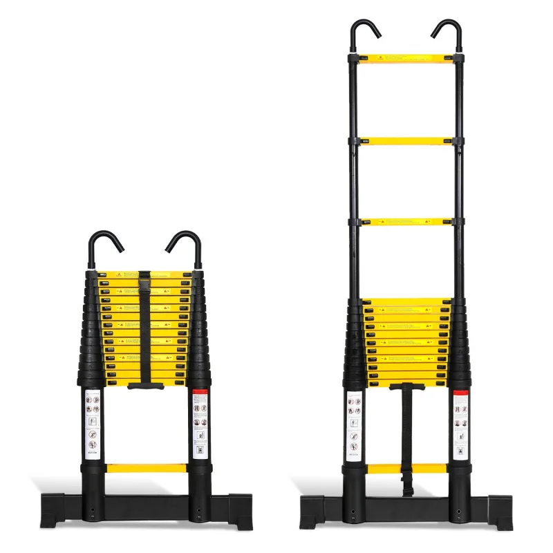 Escalera telescópica negra premium de 4,4 m con estabilizador y ganchos