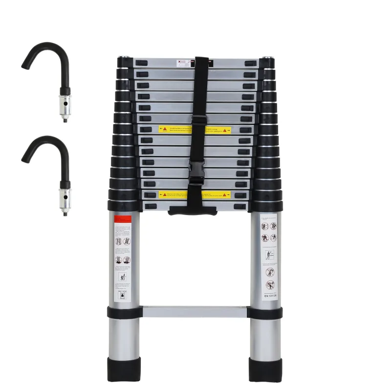 Escalera telescópica plateada de 4,4 m con ganchos extraíbles, multifuncional, 150 kg