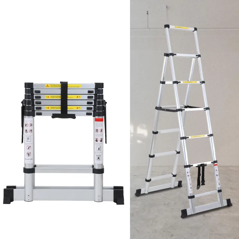 Escalera telescópica plateada premium de 2,0 m, antideslizante y multifuncional
