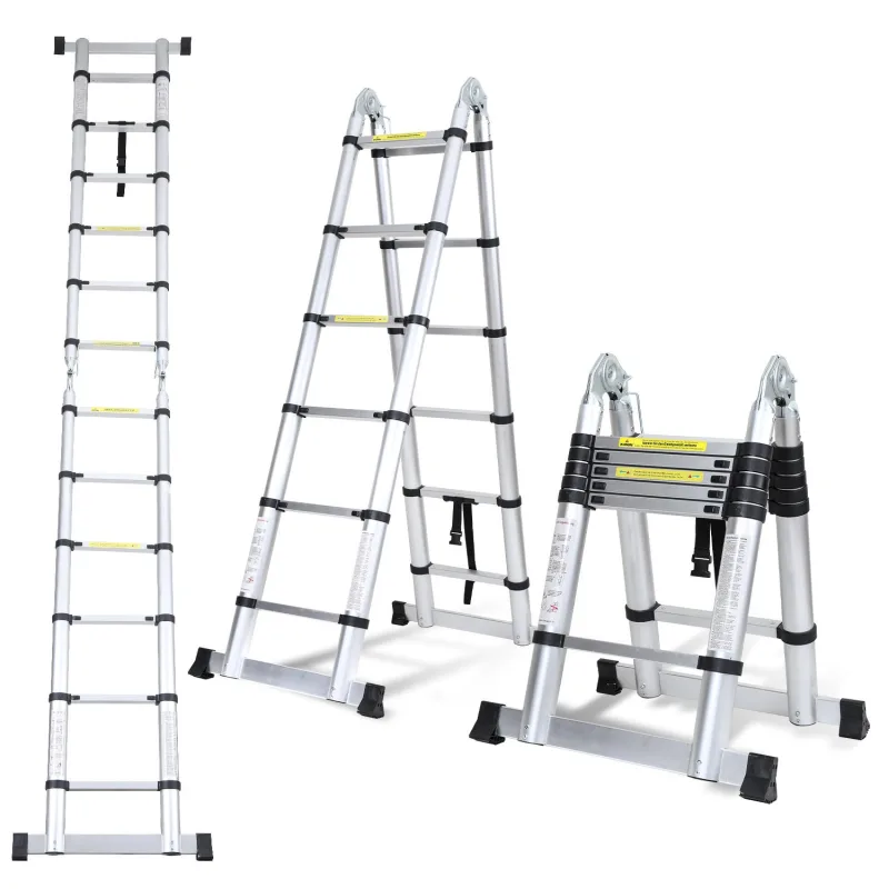 Escalera telescópica plateada de 3,8 m, plegable, multifuncional, para interior y exterior, 150 kg