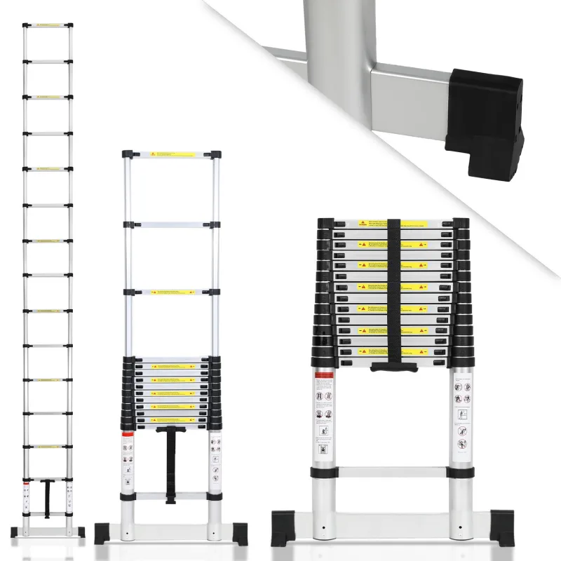 Escalera telescópica premium de 4,4 m con estabilizador, antideslizante
