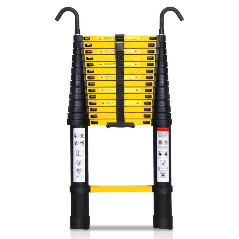 Escalera telescópica premium 4,4m negra con ganchos, antideslizante