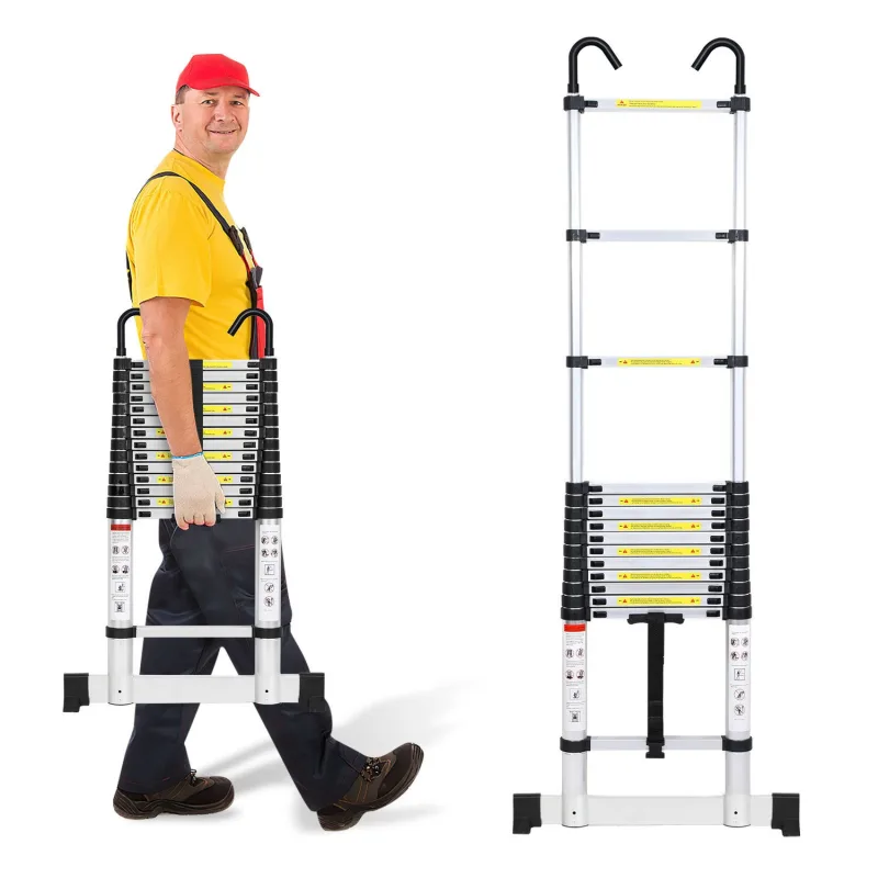 Escalera telescópica plateada premium de 4,4 m con estabilizador y ganchos