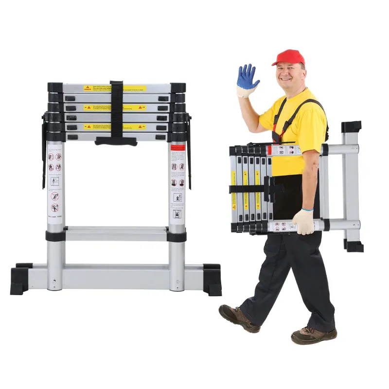 Escalera telescópica plateada de 2,0 m, plegable, multifuncional, para interior y exterior, 150 kg