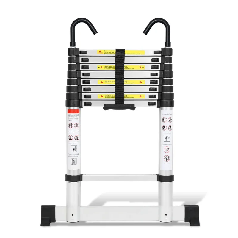 Escalera telescópica plateada de 2,6 m con estabilizador y ganchos, 150 kg