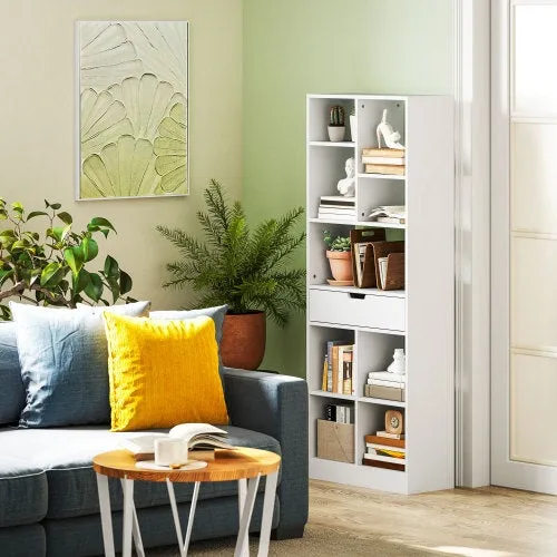 Estantería librería de 9 niveles con cajón, mueble de almacenamiento seguro para salón y oficina, 60 x 26 x 158 cm, blanco