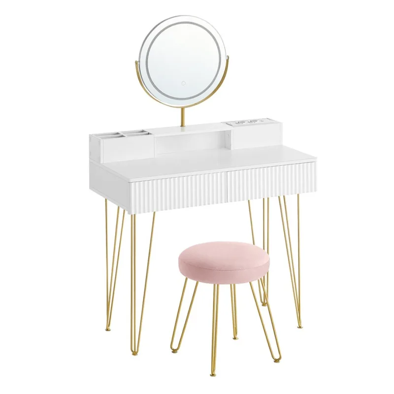 Tocador con espejo giratorio y taburete tocador con espejo iluminación y regleta taburete acolchado para 12_0005163