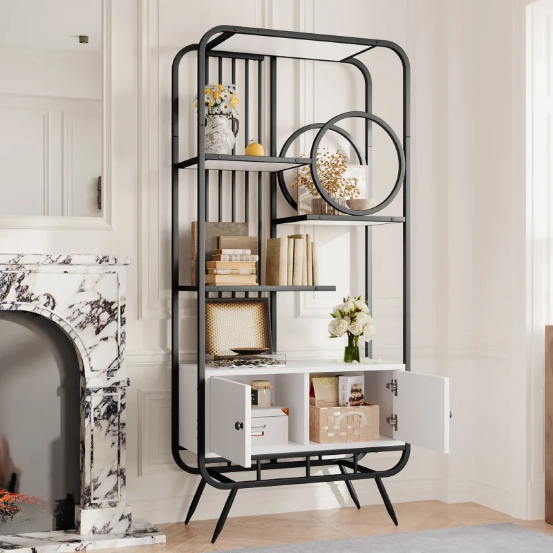 Librería metálica con 2 puertas/compartimentos, 80 x 30 x 180 cm, mdf + metal, negro/blanco