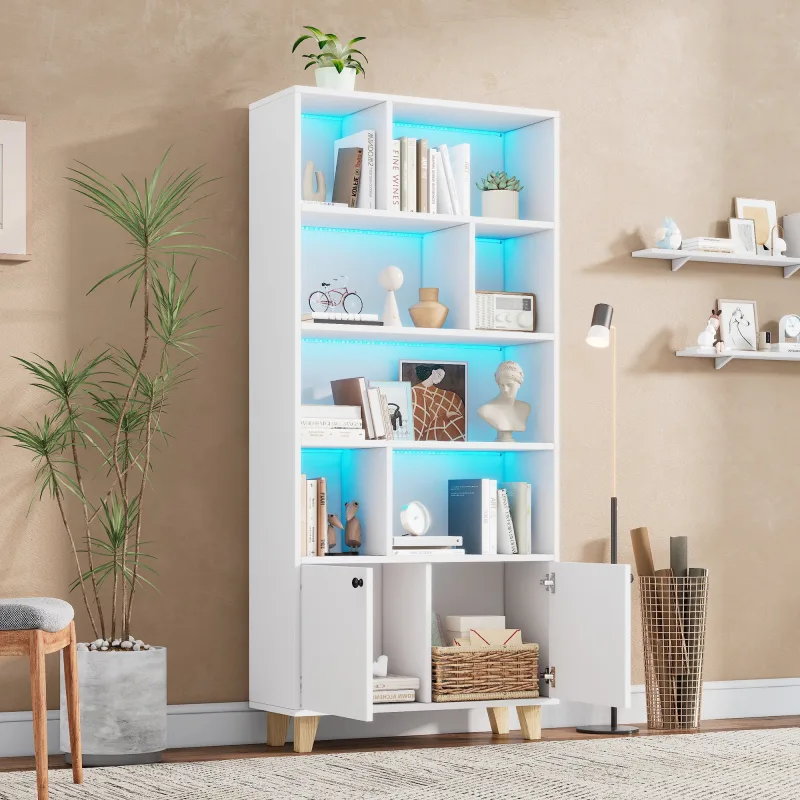 Librería de 2 puertas, varios compartimentos de almacenamiento/iluminación led que cambia de color, 80 x 30 x 173 cm, mdf + madera maciza, blanco