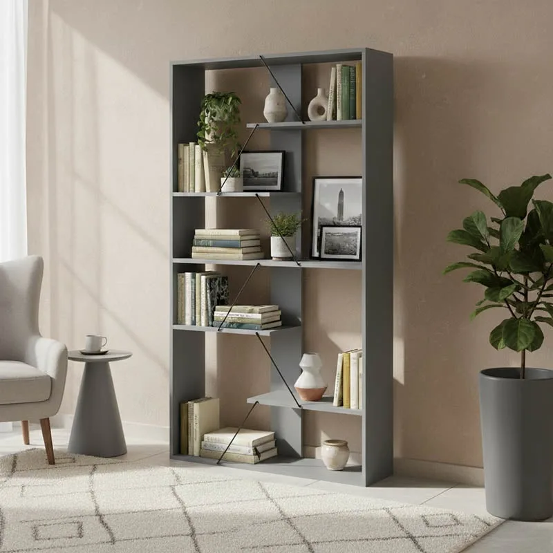 Estantería librería industrial gris y negra 84x25,5x154,5 cm con estructura metálica – diseño moderno para salón, oficina o dormitorio –