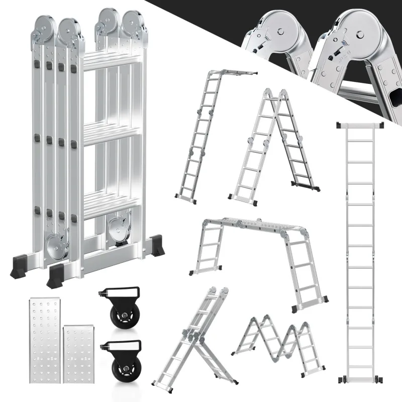Escalera multifuncional convertible de 360 cm, escalera multifuncional de aluminio 6 en 1, escalera plegable con 2 ruedas y plataforma