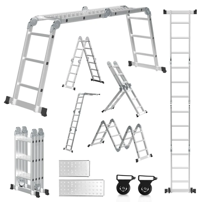 Escalera telescópica plegable multifuncional de 4x3 peldaños, 3,6 m, 6 en 1, plegable de aluminio con 2 montantes, capacidad de carga de 150 kg.