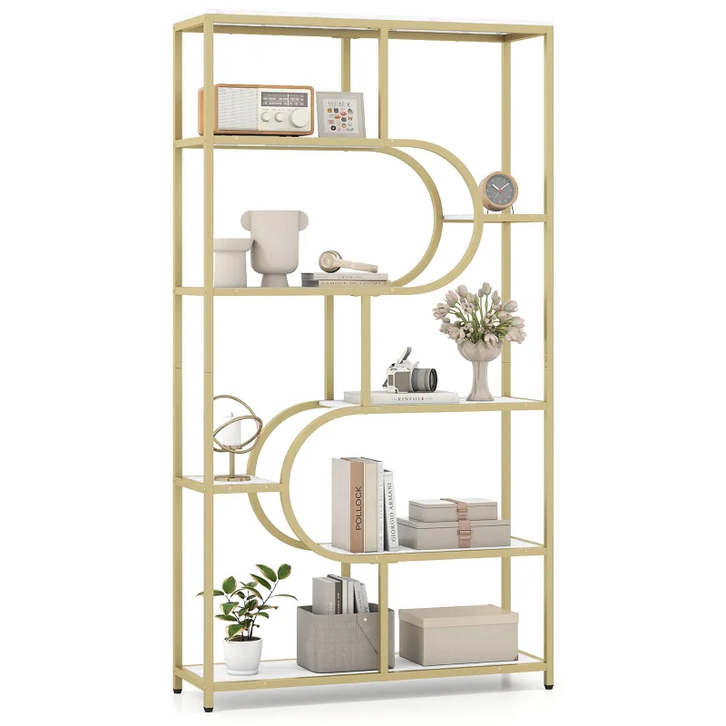 Estantería de 8 niveles, librería industrial etagere con estantes abiertos, diseño en forma de u, estructura metálica, doré