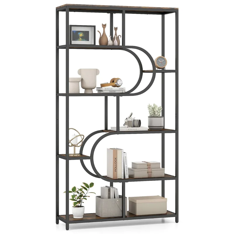 Estantería de 8 niveles, librería industrial etagere con estantes abiertos, diseño en forma de u, estructura metálica, marron