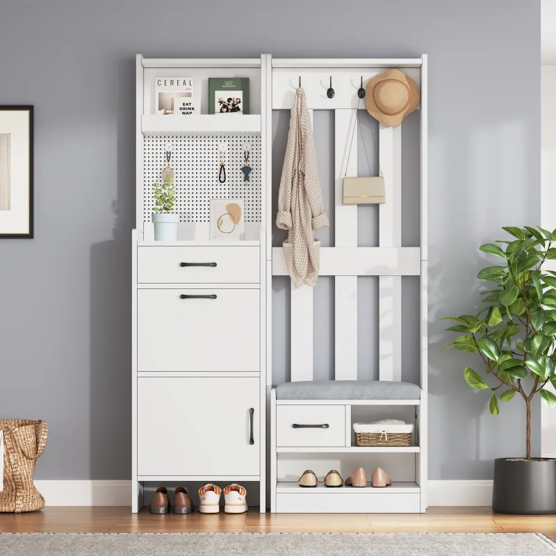 Vestidor de entrada 110 x 35 x 175,5 cm con 2 cajones, 2 puertas, ganchos, banco, en tablero de partículas, blanco