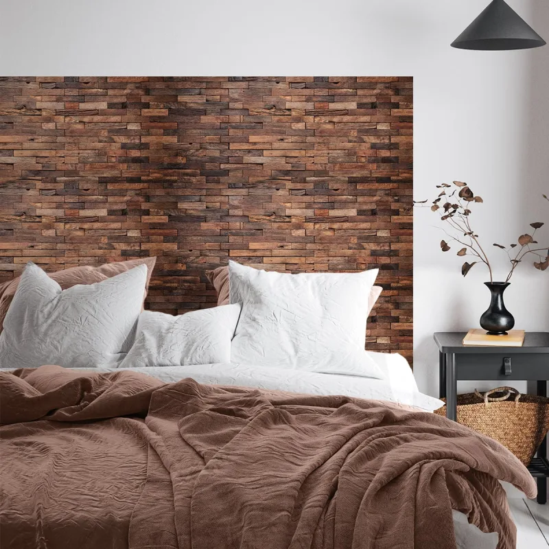 Vinilo cabecero madera marrón vintage h120 x w140 cm - adhesivo de pared - revestimiento sticker mural decorativo