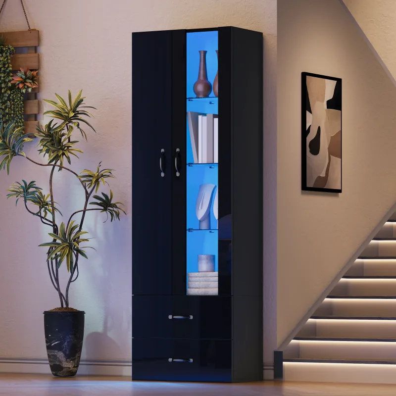 Vitrina transparente con iluminación led, 2 puertas/2 cajones, 59,5 x 35 x 182 cm, tablero de partículas, color negro