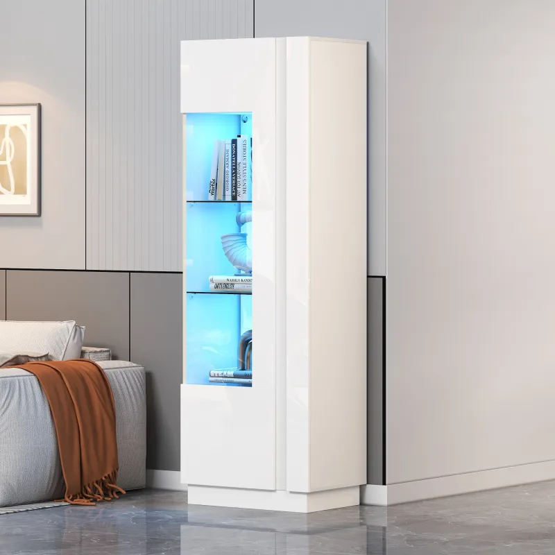 Vitrina alta blanca con 5 compartimentos e iluminación led, aparador moderno con frente de cristal y tablero de partículas, 60x40x180 cm