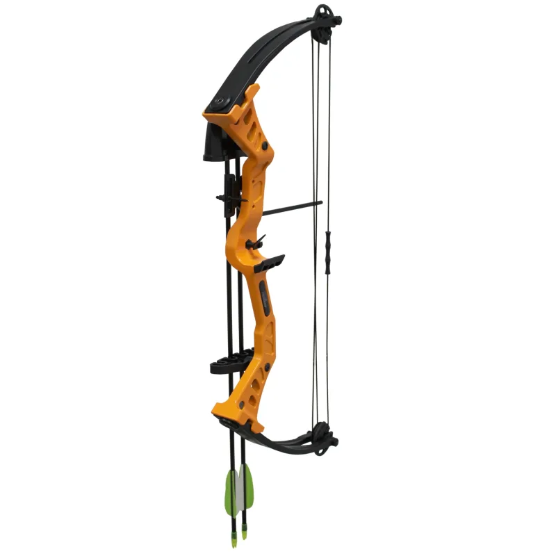 Arco de tiro compuesto Hellbow Besra de iniciación con poleas regulables de 19-25 LBS y una apertura de 19" - 20,5", arco para diestros de color naranja, posee un kit completo con Carcaj.