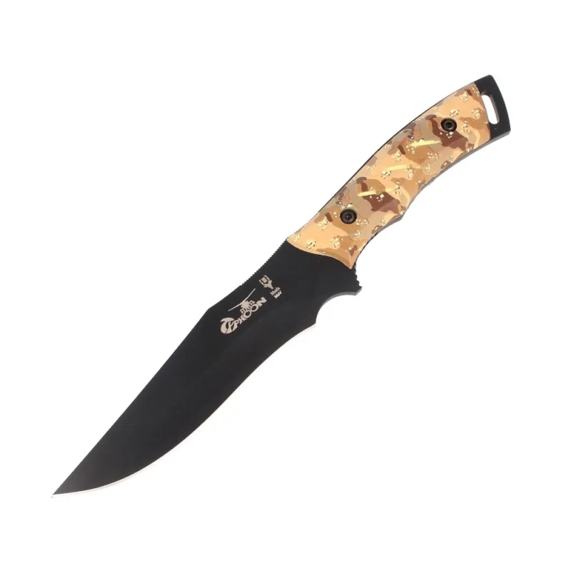 Cuchillo de supervivencia Muela, Typhoon Camo TYPHOON-DES.N, hoja de 15 cm con recubrimiento antifricción PTFE, cachas camuflaje desierto + tarjeta multiusos de regalo