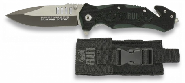 Navaja Rui G10 Verde y Negra, Hoja de 9 cm con Baño de Titanio, Punta Rompevidrio y Funda de Nylon 19589