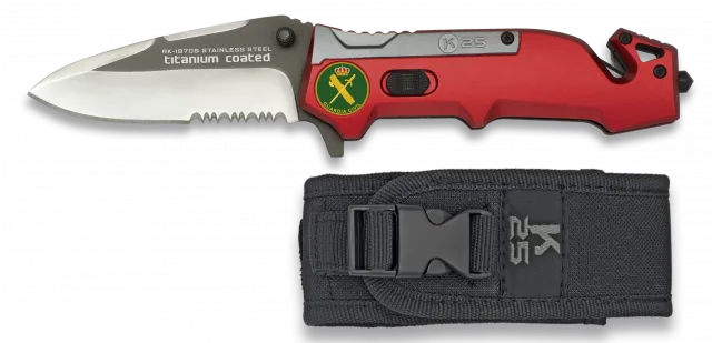 Navaja Táctica Rui Titanio - Roja, Con Cutter Cinturón Doble Y Punta Rompevidrio, Hoja De 8,7 Cm, Guardia Civil, 19705gr1010