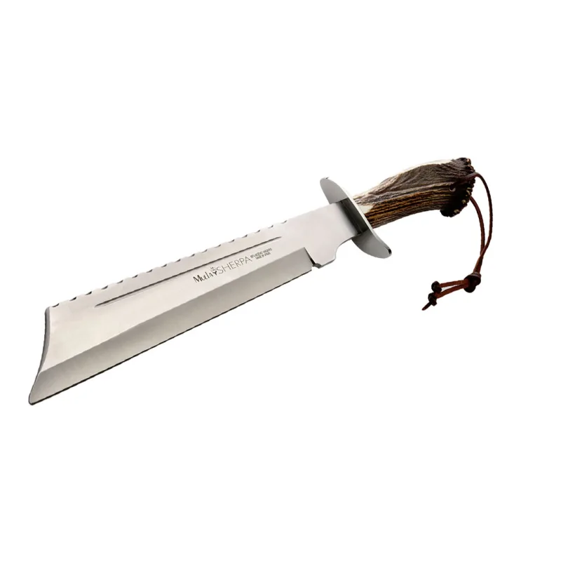 Cuchillo de caza Muela Sherpa SHERPA-28S, machete, puño de asta de ciervo con roseta y cruceta inox + tarjeta multiusos de regalo