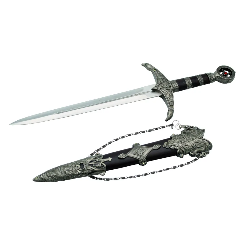 Daga de Robin hood de gran tamaño, pomo color níquel con rojo brillante, tamaño total de 46,5 cm, réplica no oficial