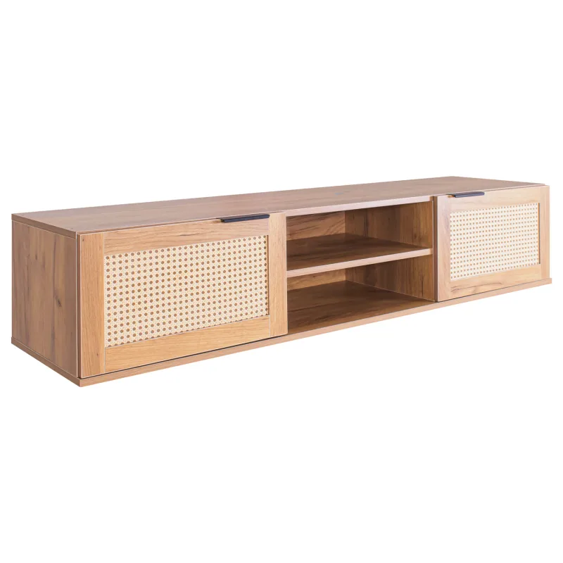 Jacala - Mueble de TV de madera y ratán, 2 puertas y 2 vanos abiertos